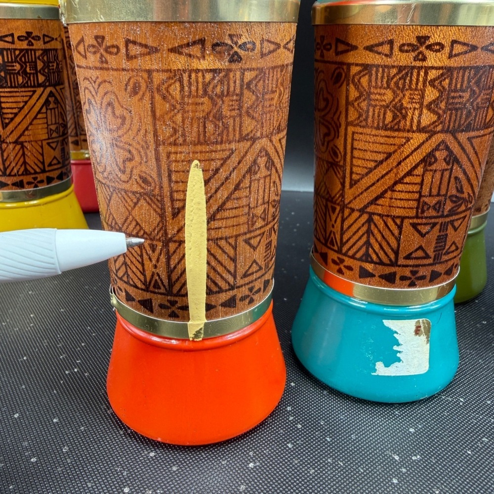 Vintage MCM Tiki Highball Glasses Genuine Mahogany Wood Wrap Set 6 Multi Color - Picture 5 of 15